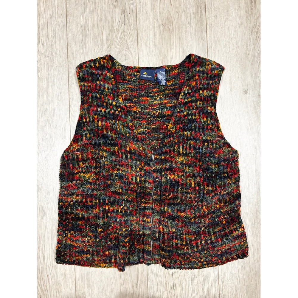 Vintage 90s Lizsport Autumn Multicolor Chenille Knit Full Zip Sweater Vest M